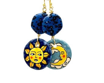 Asymetric Moon Sun Earrings Handmade Ceramic Dangles Blue
