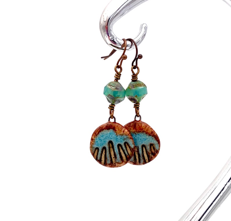 Ceramic Shell Earrings, blue brown ocean lover beach gift dangles chandelier earrings handmade Czech glass lamp work beads sea rustic boho image 10