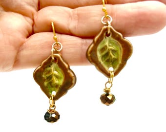 Boho Ceramic Leaf Earrings: Green Austrian Crystal Drop, Handmade