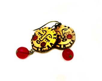Ceramic Sun Earrings: Red Sea Glass Dangle, Handmade, Hypoallergenic