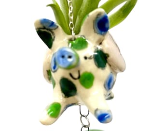 Ceramic Handmade Flying Pig and Rainbow Air Plant Holder Display