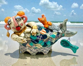 Ceramic Mermaid Decor Whimsical Jewelry Box Purrmaid Cat Contsiner Handmade Art