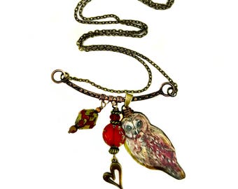 Boho Barn Owl Necklace: Handmade Ceramic Pendant, Czech Glass & Copper