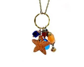 Blue and Orange Boho Ceramic Starfish Charm Necklace: Handmade, Crystal, Bronze, Carnelian