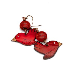 Red Bird Earrings, cardinal artisan enameled metal ceramic copper jewelry hanmade Christmas bird lover nature large earrings long image 2