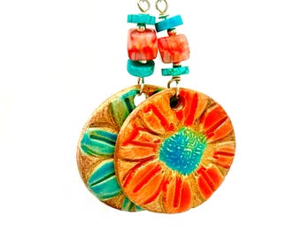 Boho Assymetric Ceramic Daisy Dangle Earrings: Orange and Turquoise, Long Handmade