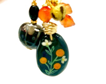 Long Orange Flower Charm Necklace: Hand-Painted Pendant, Agate, Carnelian, Gold Tone Chain