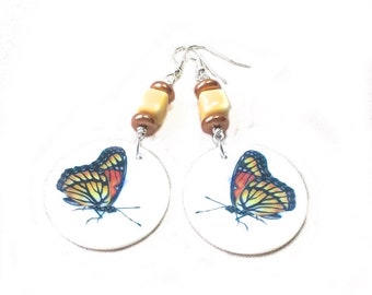 Monarch Butterfly Earrings, long dangle earrings orange yellow copper silver dangles nature lover gift moth ceramic beads boho hippie Spring