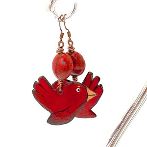 Red Bird Earrings, cardinal artisan enameled metal ceramic copper jewelry hanmade Christmas bird lover nature large earrings long image 5
