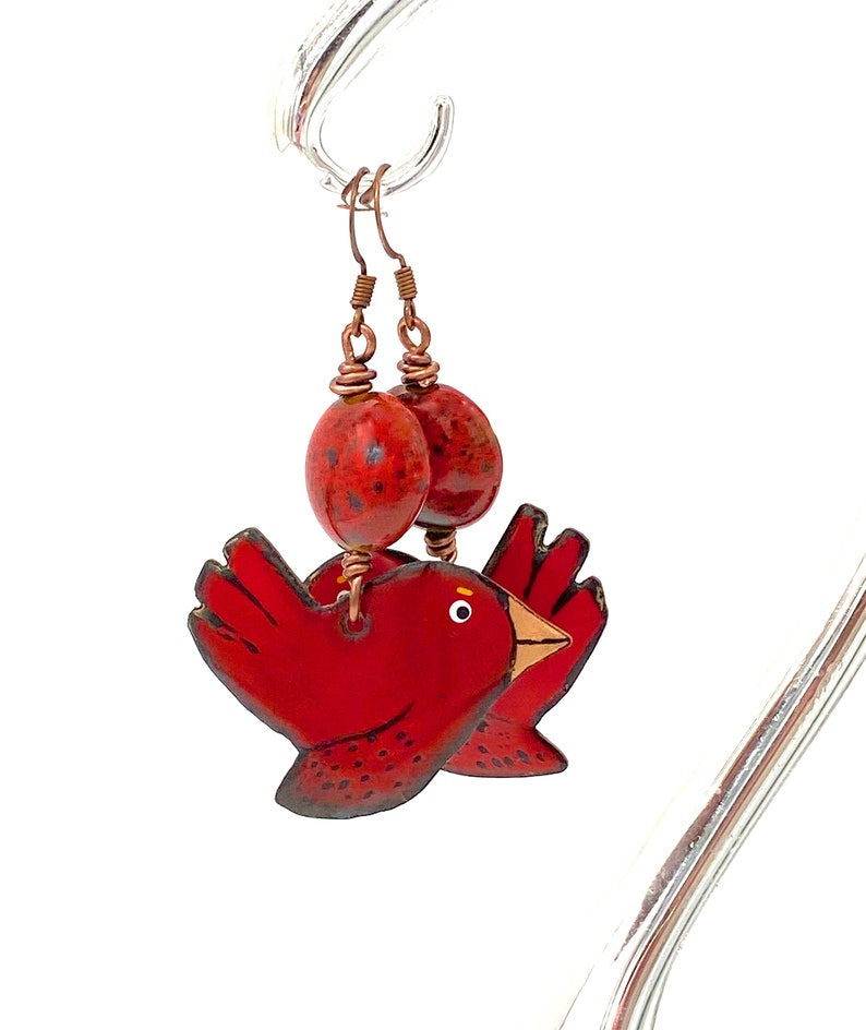 Red Bird Earrings, cardinal artisan enameled metal ceramic copper jewelry hanmade Christmas bird lover nature large earrings long Bild 5