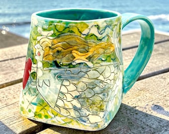 Taza de cerámica hecha a mano con forma de sirena, 532 ml (18 oz), grande, de gres con diseño playero y caprichoso.