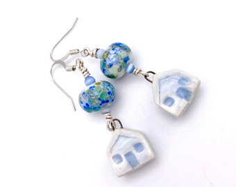 Light Blue Home Earrings, artisan lampwork glass dangles silver and pale blue bohemian beaded jewelry long boho handmade house homey whimsic