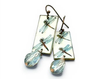 Lavender and Blue Dragonfly Drop Earrings Dangle