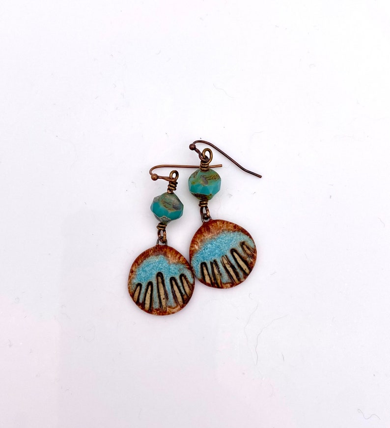 Ceramic Shell Earrings, blue brown ocean lover beach gift dangles chandelier earrings handmade Czech glass lamp work beads sea rustic boho image 7