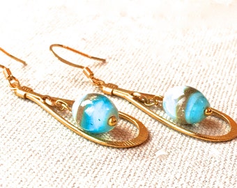 Czech Glass Dangle Earrings: Gold Vintage Hoops, Handmade in USA