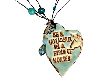 Boho Be a Unicorn Ceramic Beaded Crescent Moon Necklace Turquoise Amazonite