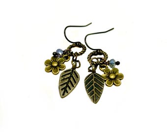 Simple Nature Flower and Leaf Earrings: Bronze Dangles, blue crystals