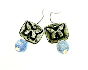 Periwinkle Blue Butterfly Earrings: Artisan Boho Jewelry, Lead-Free Pewter, Agate Stone