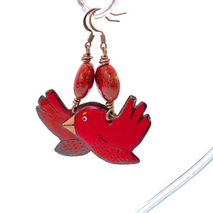 Red Bird Earrings, cardinal artisan enameled metal ceramic copper jewelry hanmade Christmas bird lover nature large earrings long image 4