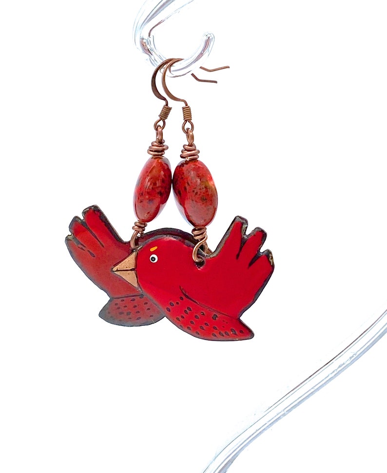 Red Bird Earrings, cardinal artisan enameled metal ceramic copper jewelry hanmade Christmas bird lover nature large earrings long image 4