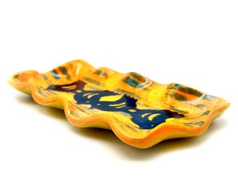 Handmade Floral Ceramic Trinket Dish: Colorful Yellow Blue Bird Plate