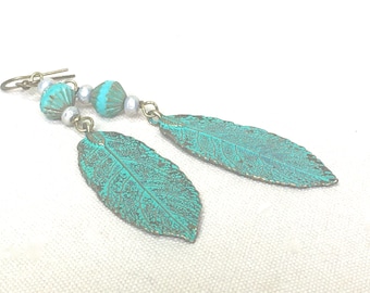 Verdigris Leaf Earrings, turquoise green earrings long large earrings boho style bohemian jewelry bronze earrings brass rustic handmade