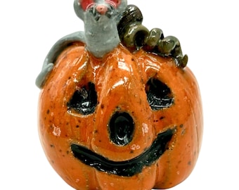 Handmade Pumpkin and Mouse Figurine Hand Painted Ceramic Jack-O-Lantern
