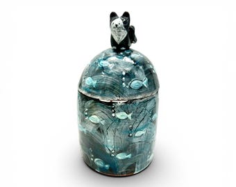 Ceramic Tuxedo Cat Jar Whimsical Decor Jewelry Box Kitten Container Handmade Studio Second
