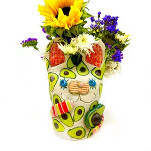 Colorful Ceramic Bunny Rabbit Vase with avocados whimsical vessel for real dried flowers pottery handmade gift for garden lovers wedding