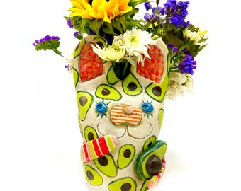 Whimsical Ceramic Bunny Vase: Handmade Avocado Decor, Stoneware Pottery