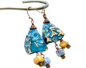 Whimsical Ceramic Bell Dangle Earrings: Blue Cottagecore Jewelry, Hypoallergenic Handmade