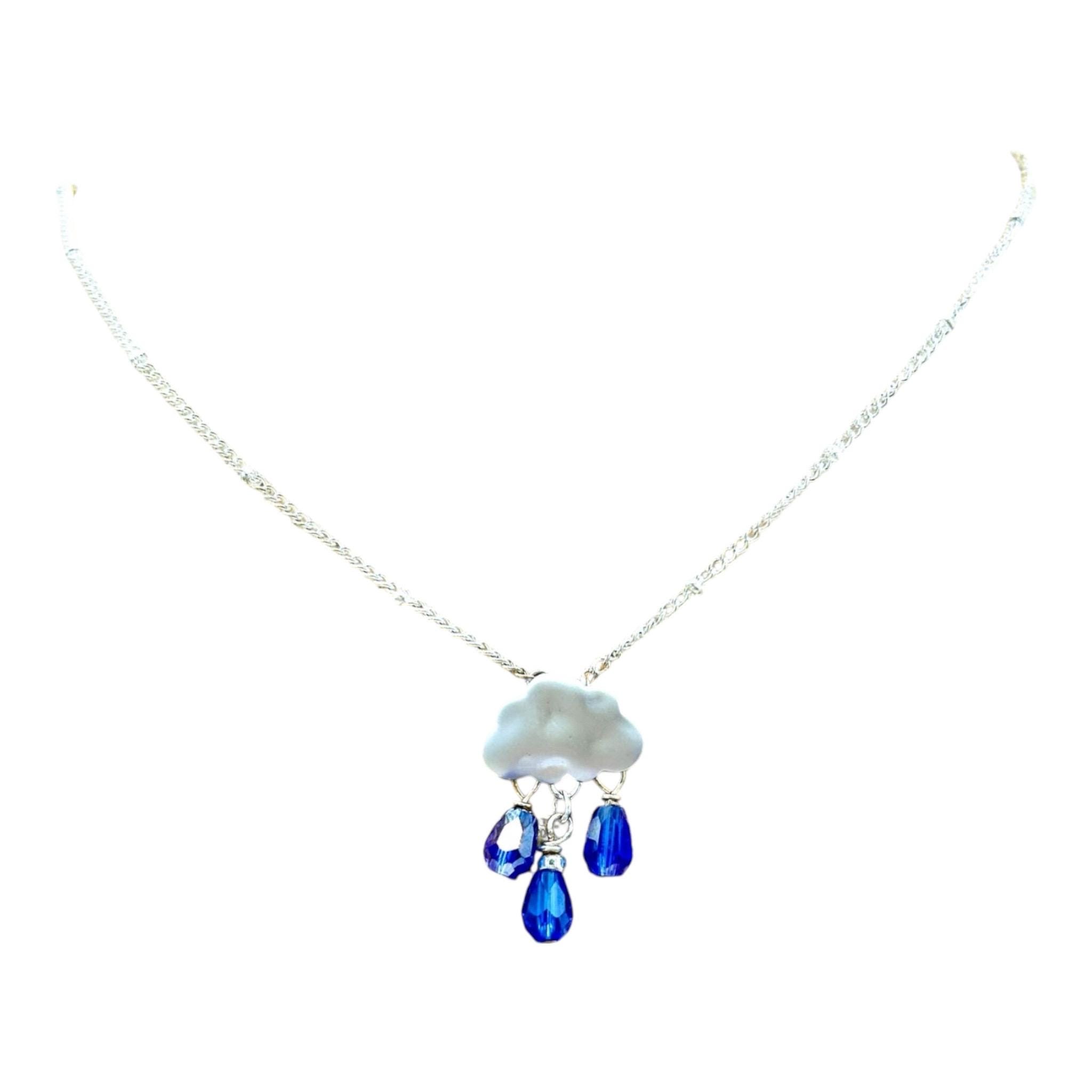 Blue Crystal Raindrops and Silver Cloud Necklace Dainty Small 19” - Etsy