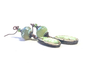 Green Agate Stone Earrings, artisan porcelain bead dangles drop earrings ceramic copper jewelry bohemian Czech crystal earthy rustic hippie