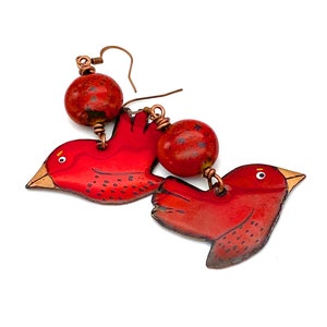 Red Bird Earrings, cardinal artisan enameled metal ceramic copper jewelry hanmade Christmas bird lover nature large earrings long image 1