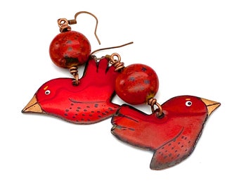 Red Bird Earrings, cardinal artisan enameled metal ceramic copper jewelry hanmade Christmas bird lover nature large earrings long