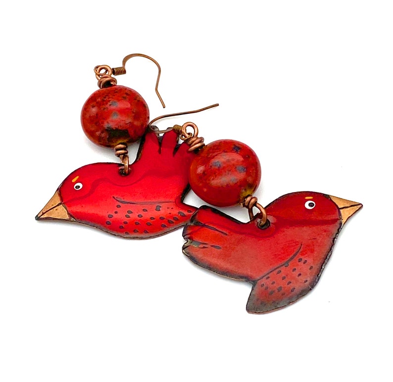 Red Bird Earrings, cardinal artisan enameled metal ceramic copper jewelry hanmade Christmas bird lover nature large earrings long Bild 1