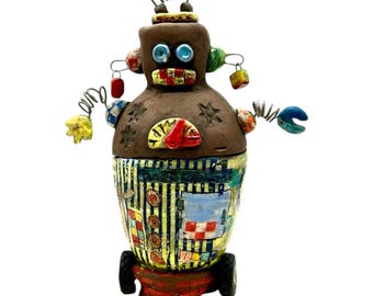 Whimsical Lidded Ceramic Robot Art Decor Jewelry Box Handmade