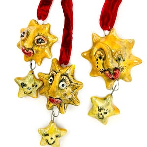 Handmade Ceramic Sun and Moon Ornament: Celestial Car Rear View Mirror Decor