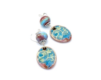 Long Handmade Porcelain Dangle Earrings: Aqua Plum Lampwork Beads