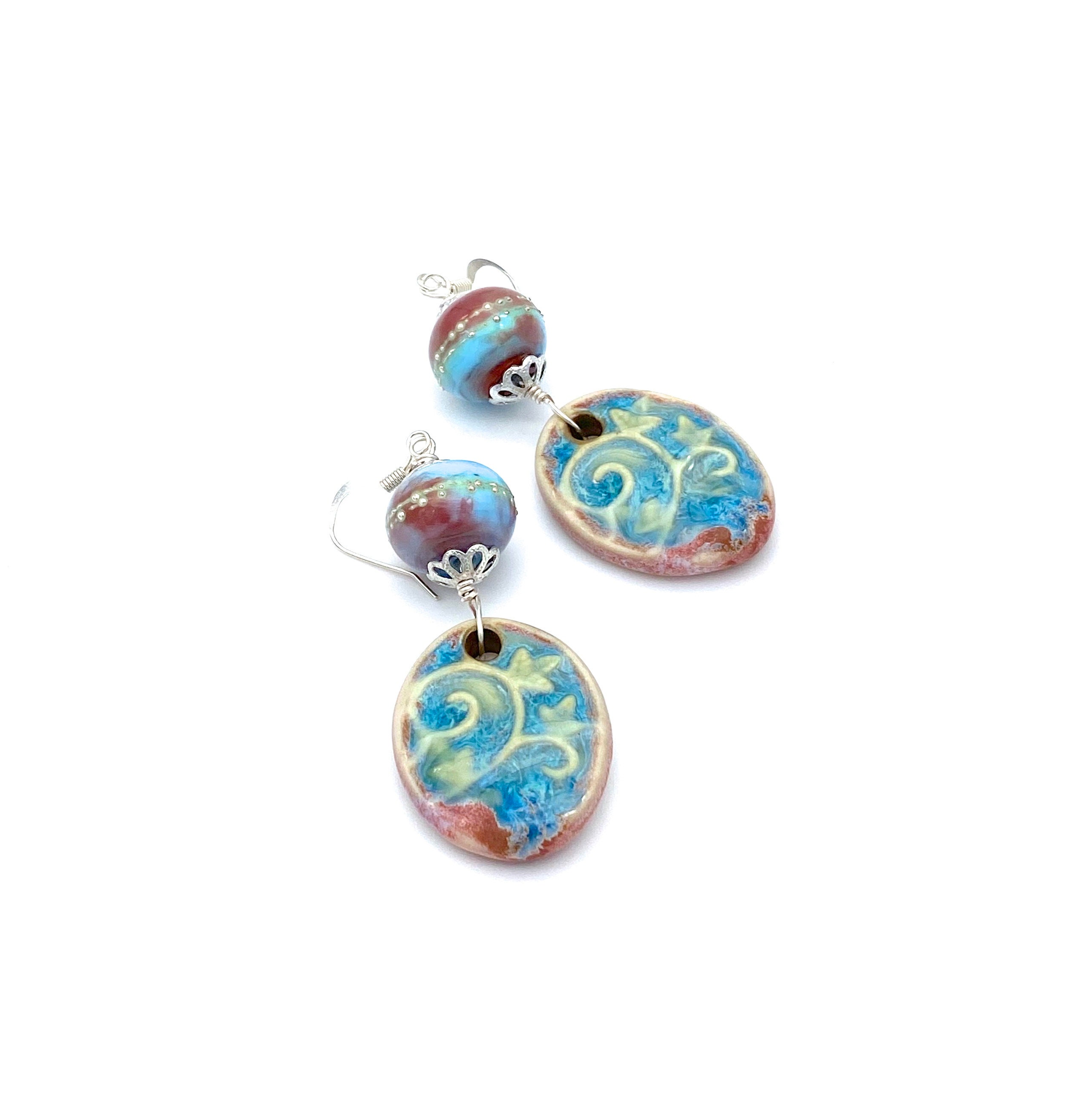Aqua and Plum Porcelain Earrings handmade lampwork bead | Etsy