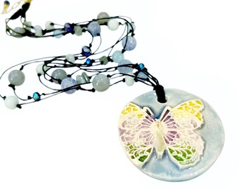 Long Boho Ceramic Butterfly Beaded  Necklace Adjustable Labradorite Amazonite Opal