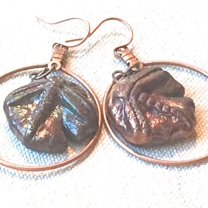 Copper and Porcelain Dragonfly Earrings, ceramic raku dangles hoop earrings drop hoops iridescent earthy hippie boho chic style image 1