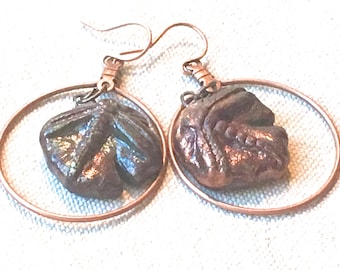 Copper and Porcelain Dragonfly Earrings, ceramic raku dangles hoop earrings drop hoops iridescent earthy hippie boho chic style