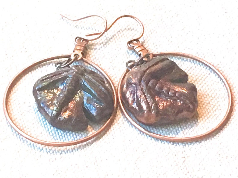 Copper and Porcelain Dragonfly Earrings, ceramic raku dangles hoop earrings drop hoops iridescent earthy hippie boho chic style image 1