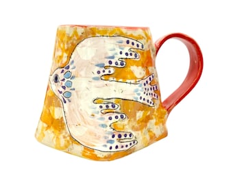 Handmade Ceramic Folkart Bird Mug  18 oz Large Ceramic Stoneware Pottery