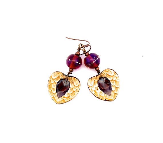 Heart Wings Dangle Earrings: Porcelain Ceramic, Lampwork Glass Beads Angel Dragon Bereavement