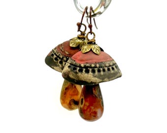 Ceramic Bell & Red Jasper Stone Dangle Earrings Handmade Jewelry