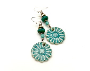 Teal Flower Earrings ceramic silver and turquoise dangle earrings drop beaded Czech crystal lightweight small light