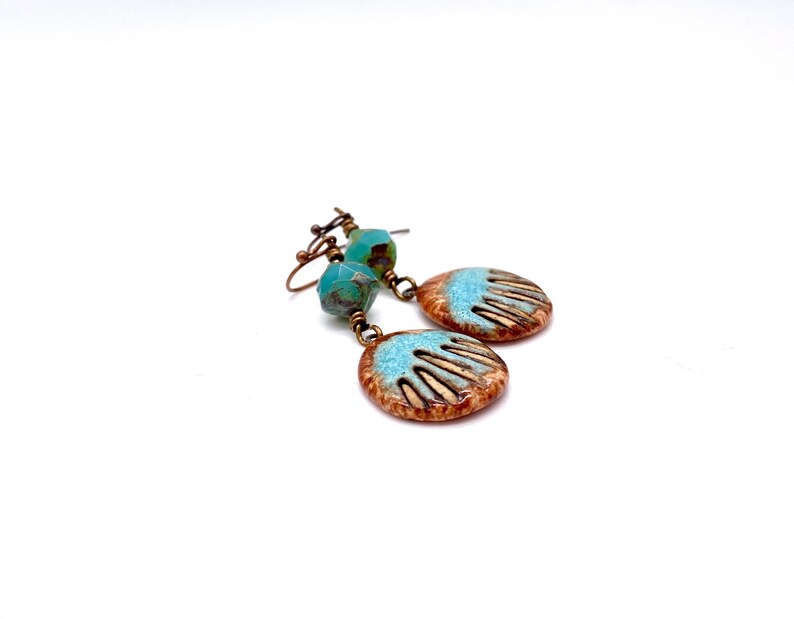 Ceramic Shell Earrings, blue brown ocean lover beach gift dangles chandelier earrings handmade Czech glass lamp work beads sea rustic boho image 1
