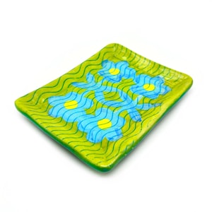 Handmade Floral Ceramic Trinket Dish: Blue & Green Ring Plate Spoon Rest